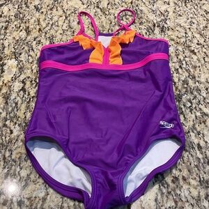 Speedo Kids' Purple One-Piece Swimsuit with Pink and Orange Accents